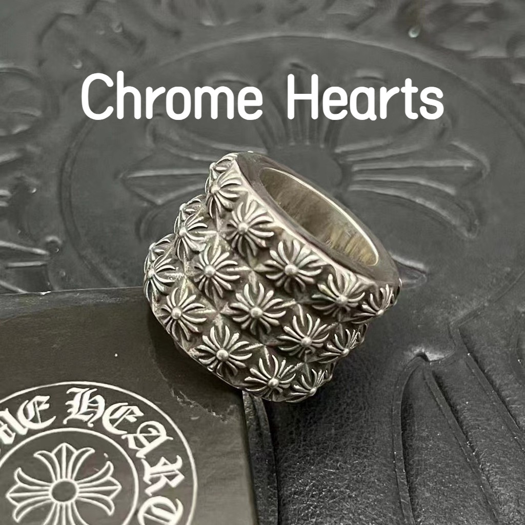 Chrome Hearts 克羅心 925純銀戒指 男女寬版三層全十字花戒指復古純銀做舊嘻哈食指CJ053