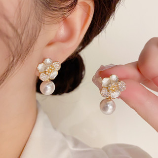 法式輕奢氣質精緻微鑲花朵珍珠耳墜s925銀針高級小眾設計獨特耳環 小眾設計 個性百搭 韓版潮流時尚造型飾品