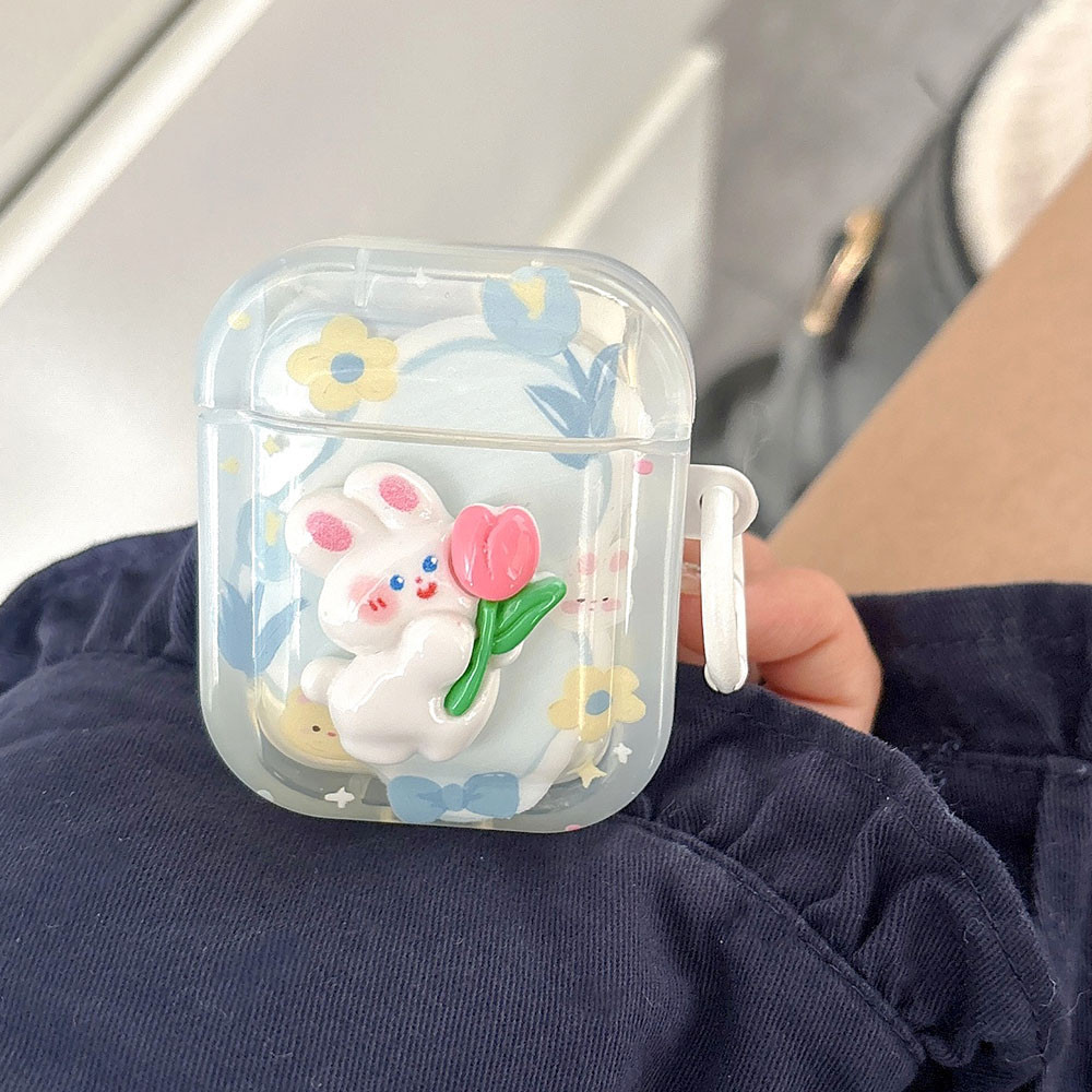 三維鬱金香花兔可愛兔子耳機充電盒蓋適用於 Apple Airpods 1 2 Pro 2nd 3 卡通耳機防震殼