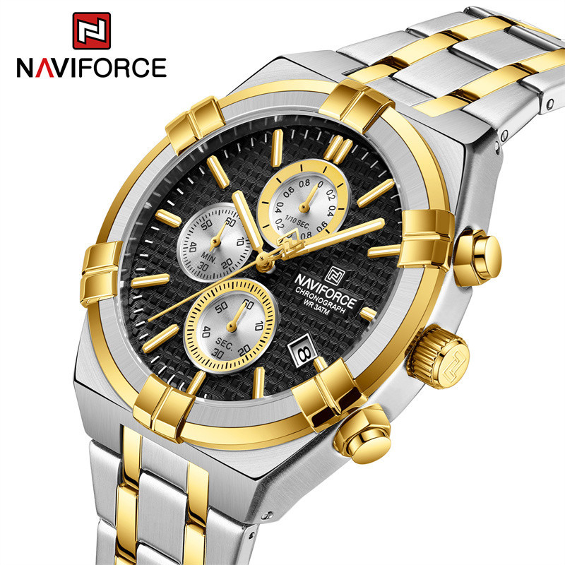 Naviforce 男士時尚手錶豪華商務不銹鋼錶帶石英手錶防水日曆夜光時鐘