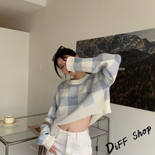 【現貨速發】 【DIFF】韓版撞色格子短版針織上衣 毛衣 長袖短板上衣 短版上衣 針織上衣 毛衣 長袖上衣 女裝 衣服【