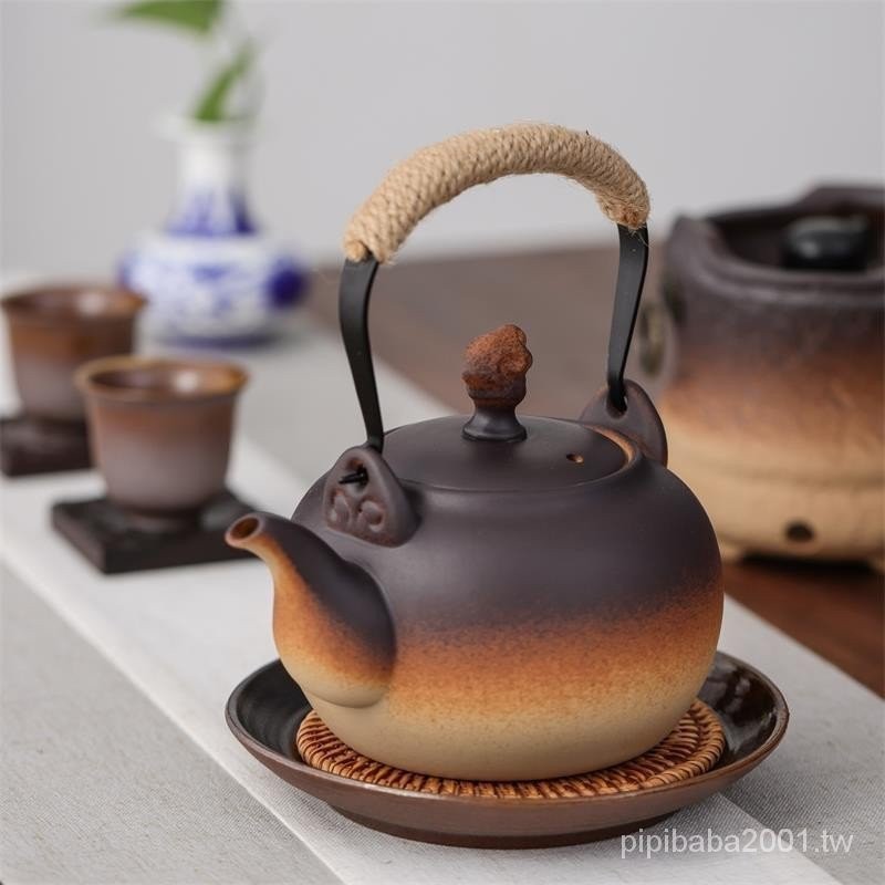 日式家用陶壺柴燒煮茶壺紫砂煮茶器電陶爐專用燒水壺鐵提樑陶瓷壺