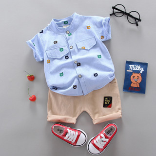 【HOT 本舖】 2021夏季新款韓版男童寶寶嬰兒童套裝小熊頭棉麻襯衫短袖套裝批發