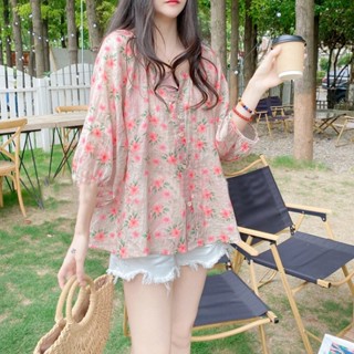 【HOT 本舖】 S-L夏季韓版寬鬆v領燈籠袖高階碎花棉麻 襯衫 娃娃衫 上衣 寬鬆上衣 衣服 女裝