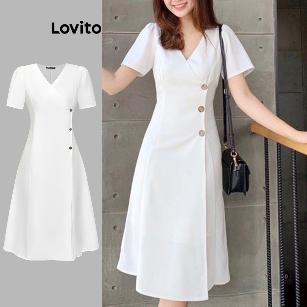 Lovito 女款休閒素色裹身羈絆連身裙 L70AD091 (白色)