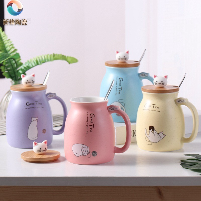 日式咖啡杯創意木蓋貓咪牛奶馬克杯可愛卡通陶瓷杯早餐水杯