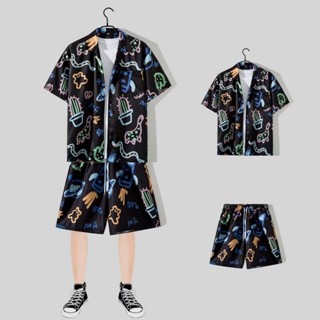 M-xxxl 中性夏季短袖度假套裝男士日式可愛塗鴉夏威夷裝領花襯衫和寬鬆休閒短褲黑色白色沙灘套裝