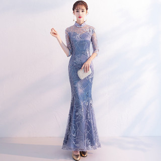 中式旗袍2024新款夏季長款改良版年輕優雅少女甜美年會禮服洋裝