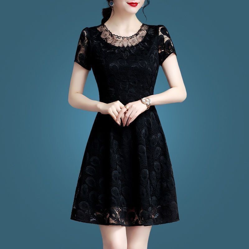 黑色連衣裙女夏季蕾絲邊大碼中長圓領韓式連衣裙