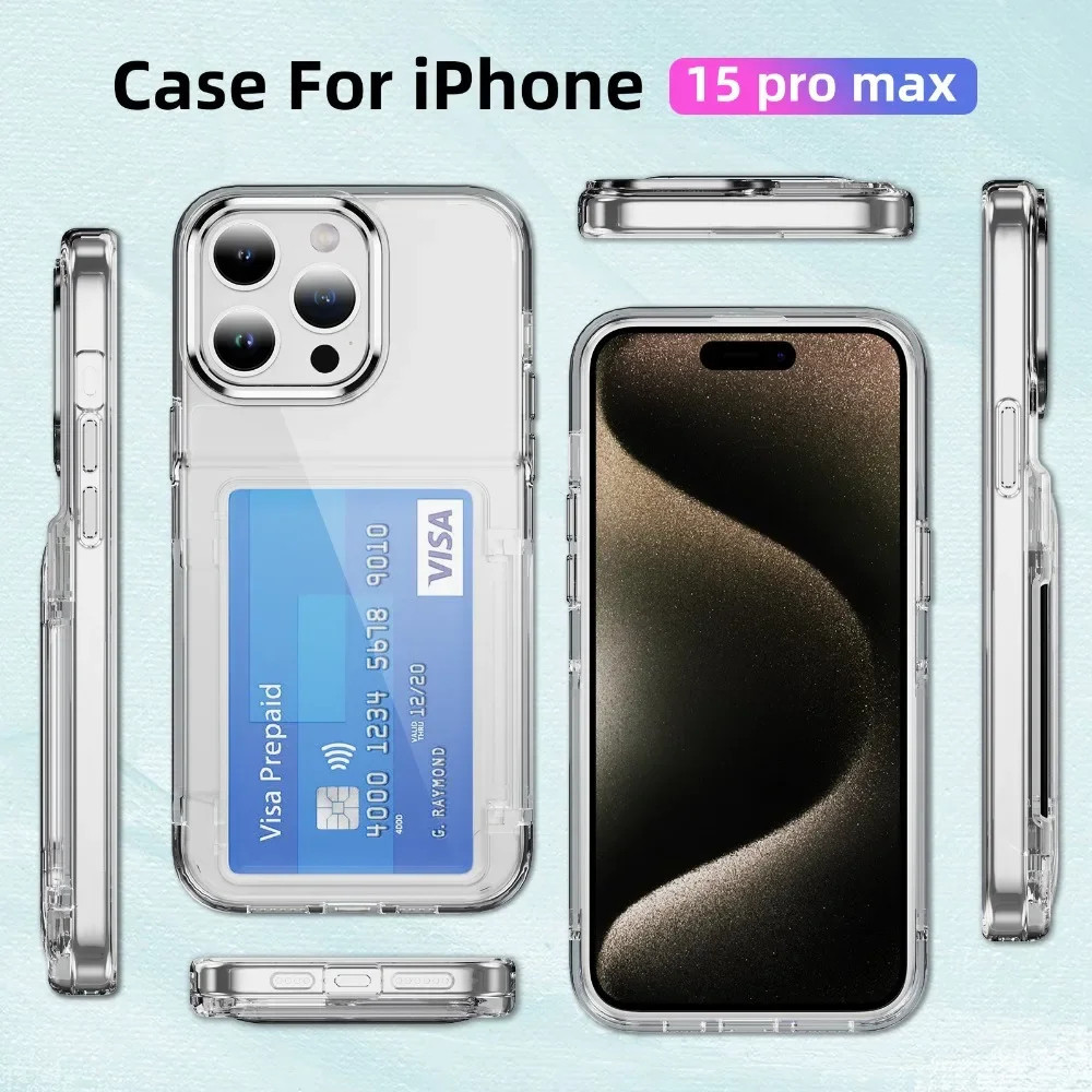 豪華錢包信用卡夾亞克力透明手機殼適用於 iPhone 15 14 13 12 Promax 11 相機保護硬質防震後殼保