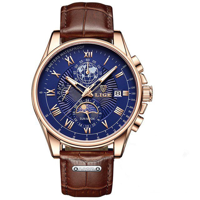 手錶腕錶現貨禮物時尚休閒新款男士石英手錶時尚商務皮帶腕錶日月星辰多功能計時錶