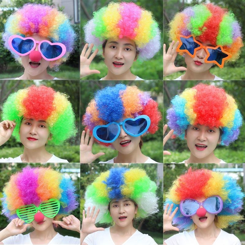 球迷套彩虹爆炸頭假髮兒童成人小丑假髮彩髮套蓬鬆幼兒園表演道具