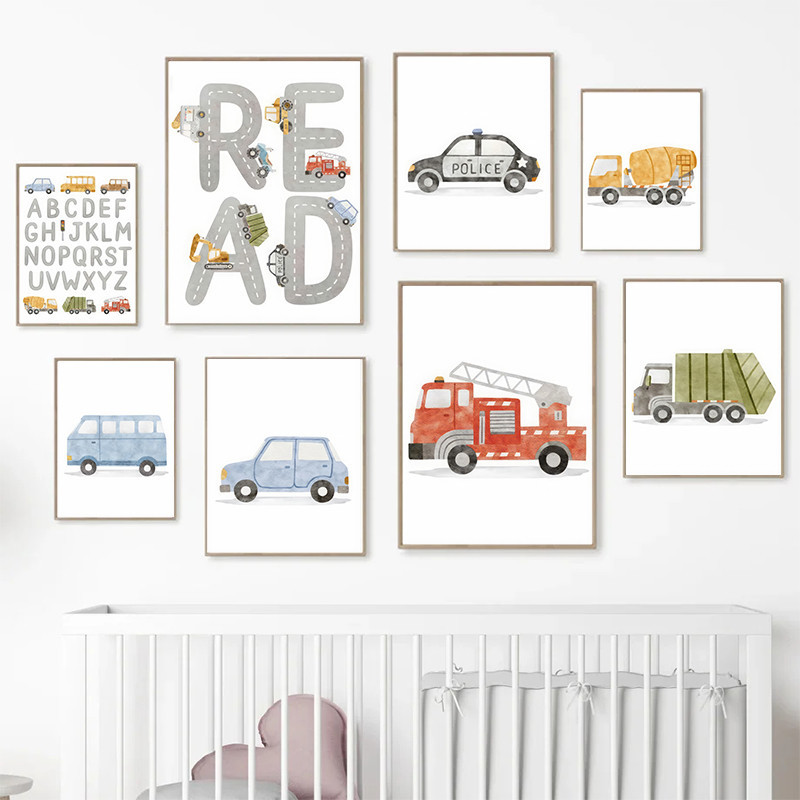 字母出租車消防車巴士牆藝術海報印刷圖片北歐兒童房卡通汽車帆布繪畫托兒所臥室裝飾