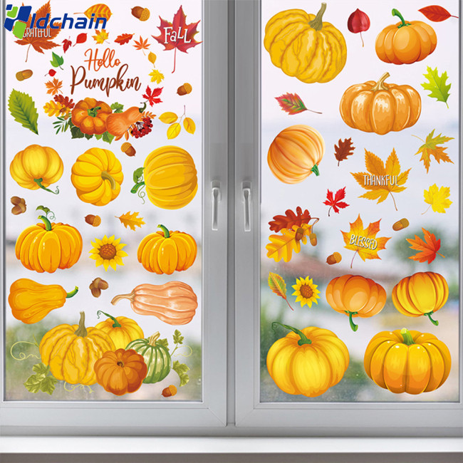 新的! 9 張秋季窗貼窗貼楓葉松果油畫秋季玻璃家居