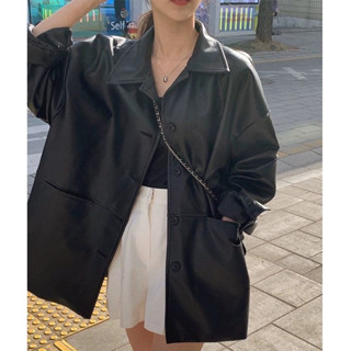 {新春特惠} 皮外套 韓國帥氣翻領單排扣皮衣外套女秋季新款寬鬆百搭仿皮夾克上衣黑色