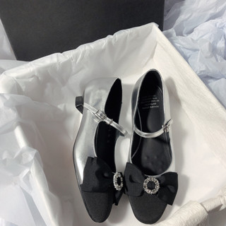 DANDT 銀色拼接真皮小粗跟蝴蝶結中跟兩種材質簡約風優雅單鞋(24 FEB TA) 歐美女鞋