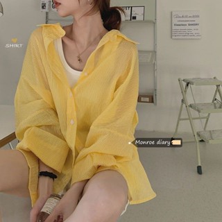 黃色條紋長袖薄款襯衫女設計感透膚防曬上衣ins