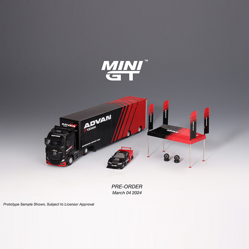 【現貨】場景模型 TSM MINI GT 1:64賓士Actros拖車集裝箱尼桑S15帳篷ADVAN汽車模型