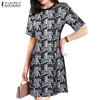 Zanzea 女式複古韓國時尚派對圓領短袖字母印花連衣裙