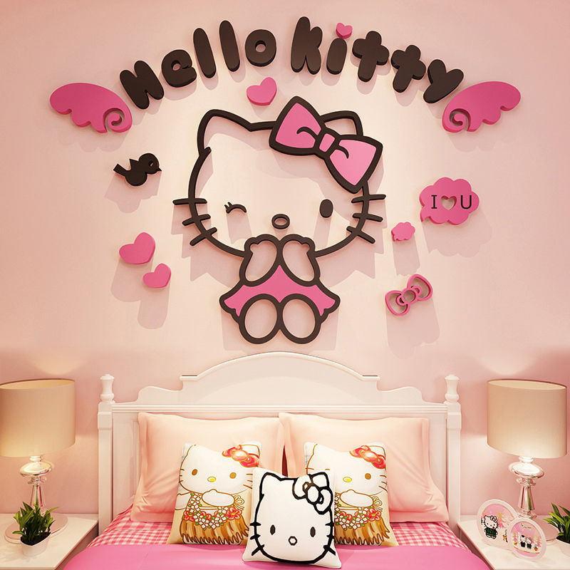 Hello Kitty貓3d立體牆貼畫女孩房間貼紙兒童房臥室床頭牆壁裝飾可愛