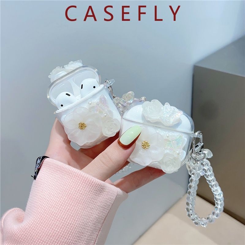 Airpods Case 1/2/3 &amp; Airpods Pro/Pro 2 Case 手工白花帶繩矽膠 Airpods