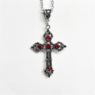 哥特式甜酷十字架項鍊銀色帶水晶寶石鑲嵌