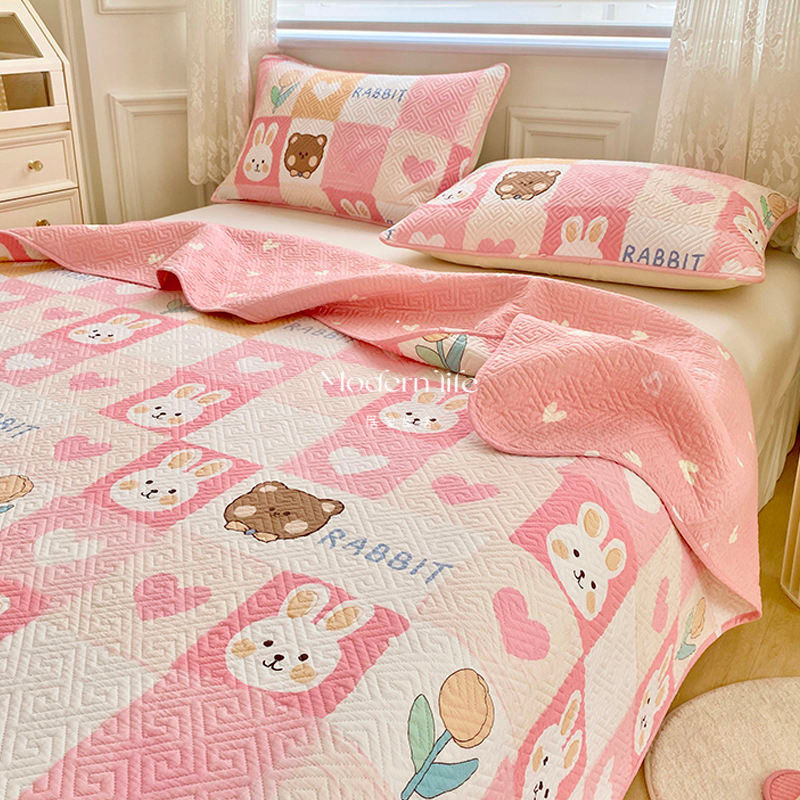♡modern life、 韓國版ins雙面純棉床單女孩房粉紅全棉床蓋加厚夾棉床褥卡通床罩墊