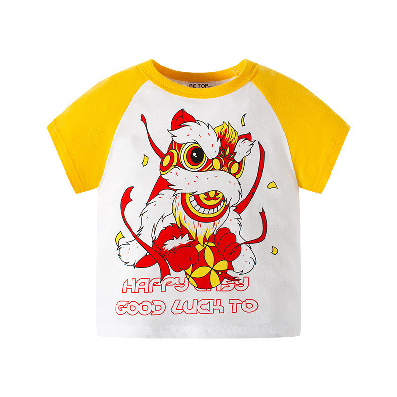 90-140CM 短袖上衣 童裝童裝舞獅中國風夏季兒童新款醒獅圖案兒童短袖T恤寶寶純棉帥氣衣服