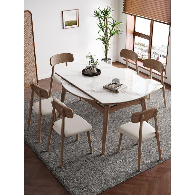 胡桃色實木巖板餐桌椅組合原木風現代簡約家用小戶型可折疊圓飯桌客廳餐桌 蝴蝶桌