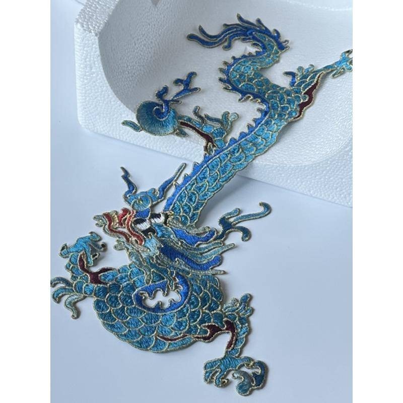 中國風藍色刺繡大龍布貼旗袍衣服裙裝飾補丁洞花片圖案手工縫DIY