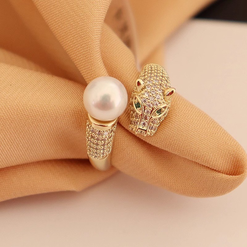 鑽豹戒指女小眾設計高級感輕奢復古珍珠鑽豹食指時尚個性男戒指高級感