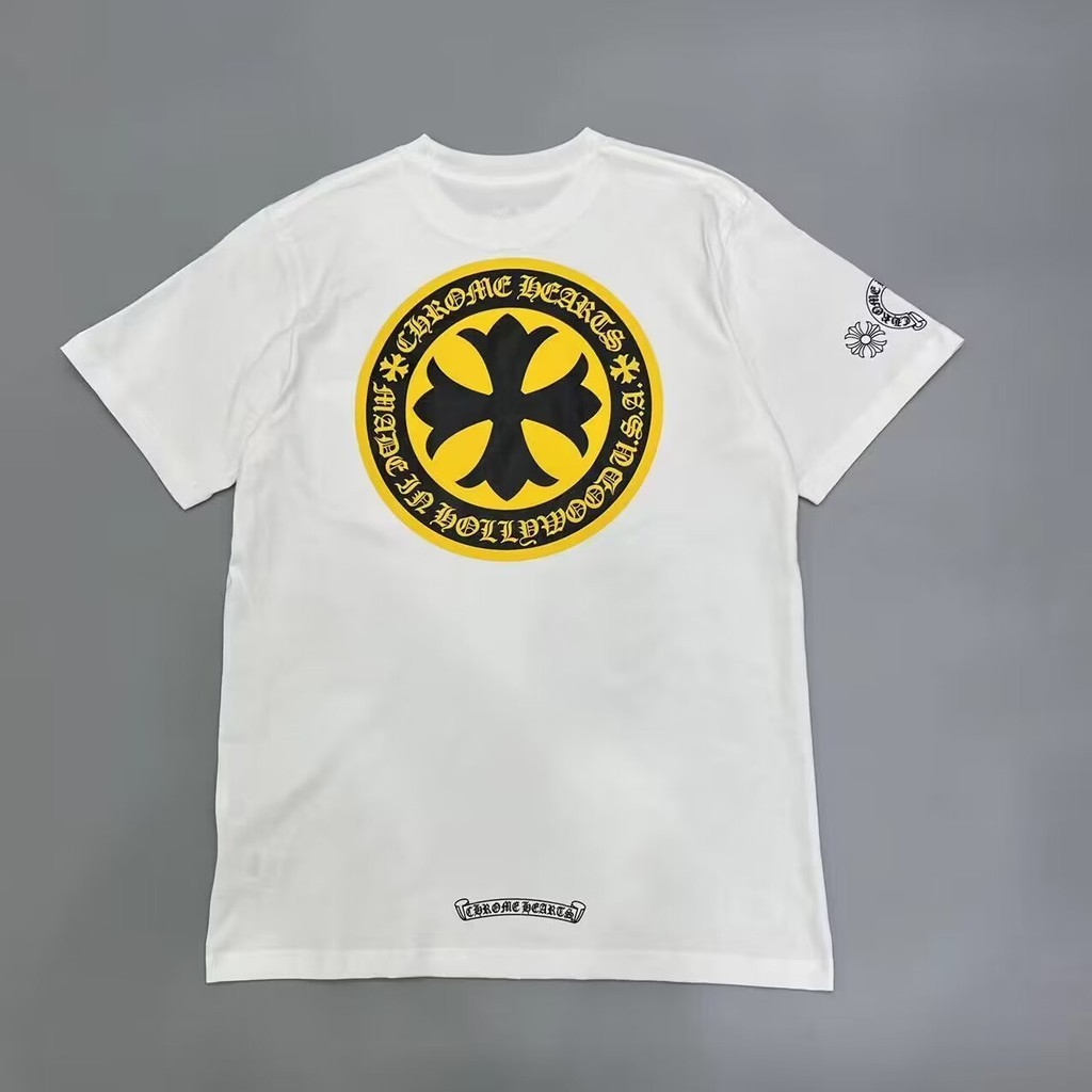 新款chrome Hearts男女款字母印花黃色圓形十字短袖T恤