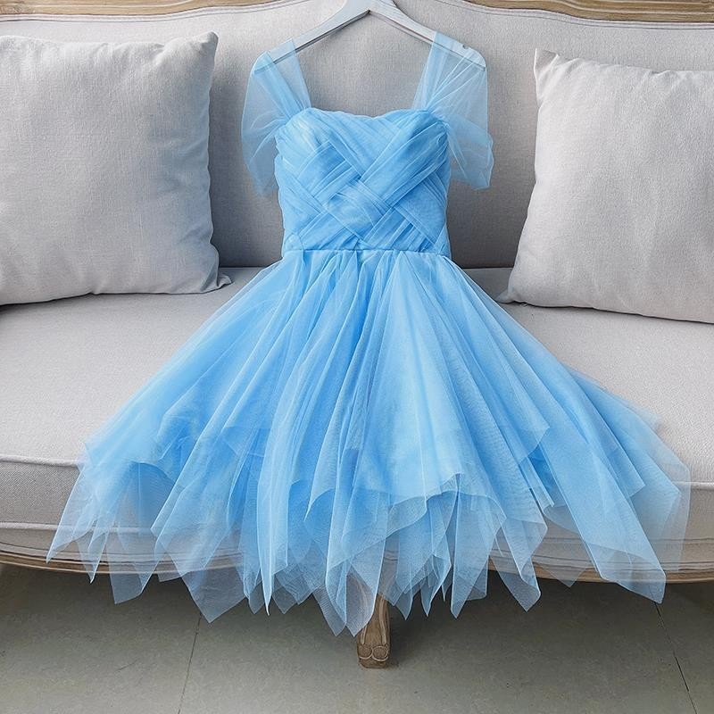 洋裝 現貨出貨  伴娘服藍色小禮服洋裝公主裙蓬蓬裙短版內置胸墊一字領
