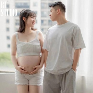 🌈臺灣出貨🌈日系夏季情侶寫真 孕婦寫真服裝 內衣寫真 白色針織吊帶背心+白色短褲套裝 簡約孕婦照 男女寫真服