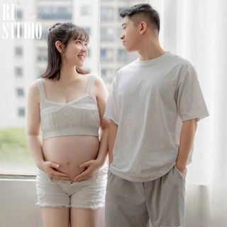 🌈24h台灣現貨🌈 日系 夏季情侶寫真 孕婦寫真服裝 內衣寫真 白色針織吊帶背心+白色短褲套裝 簡約 孕婦照 男女寫真服