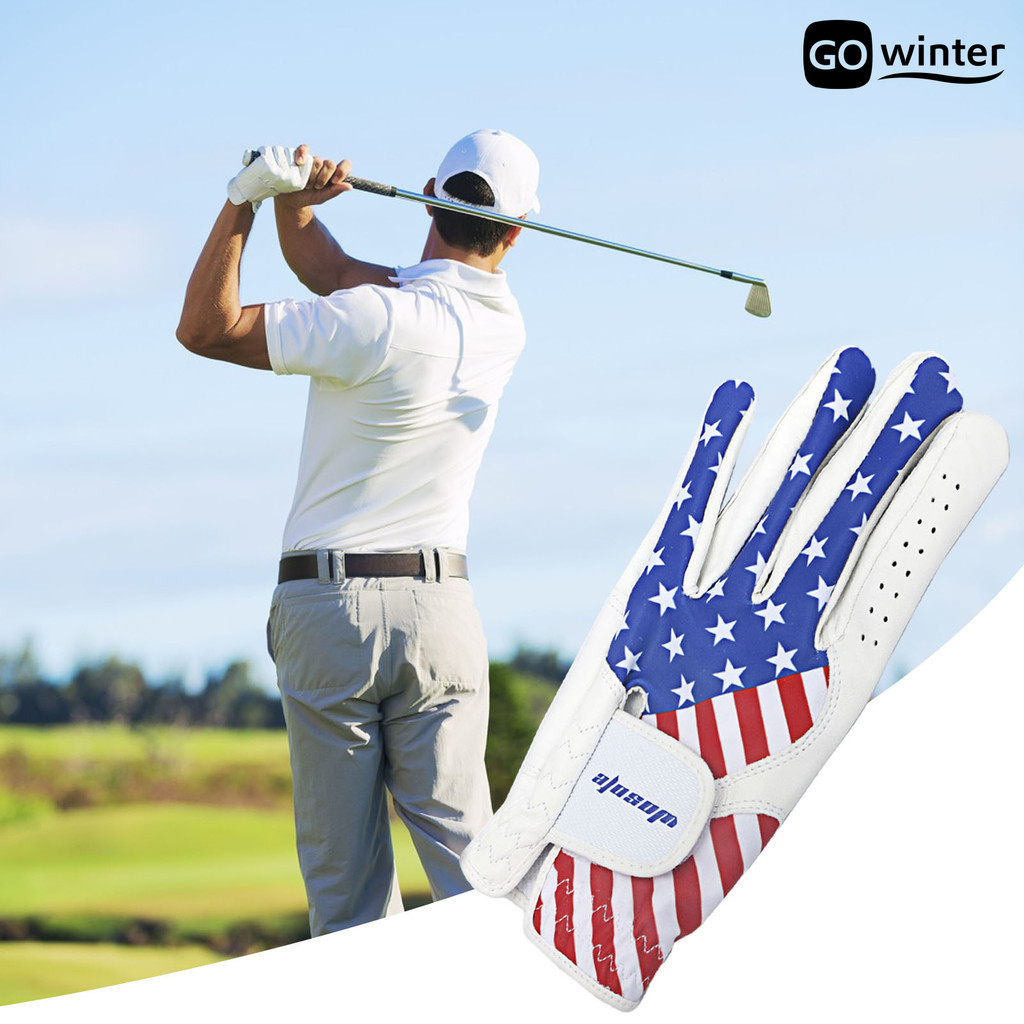 [摩卡運動]高爾夫手套男士左手萊卡布羊皮舒適耐磨透氣防滑單支美國國旗圖案 男士左手高爾夫手套（頻道）