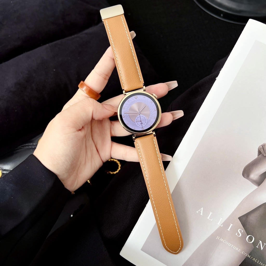 適用於18mm錶帶 荔枝紋真皮磁吸扣表帶 適用於Huawei GT4/Watch 1/B5