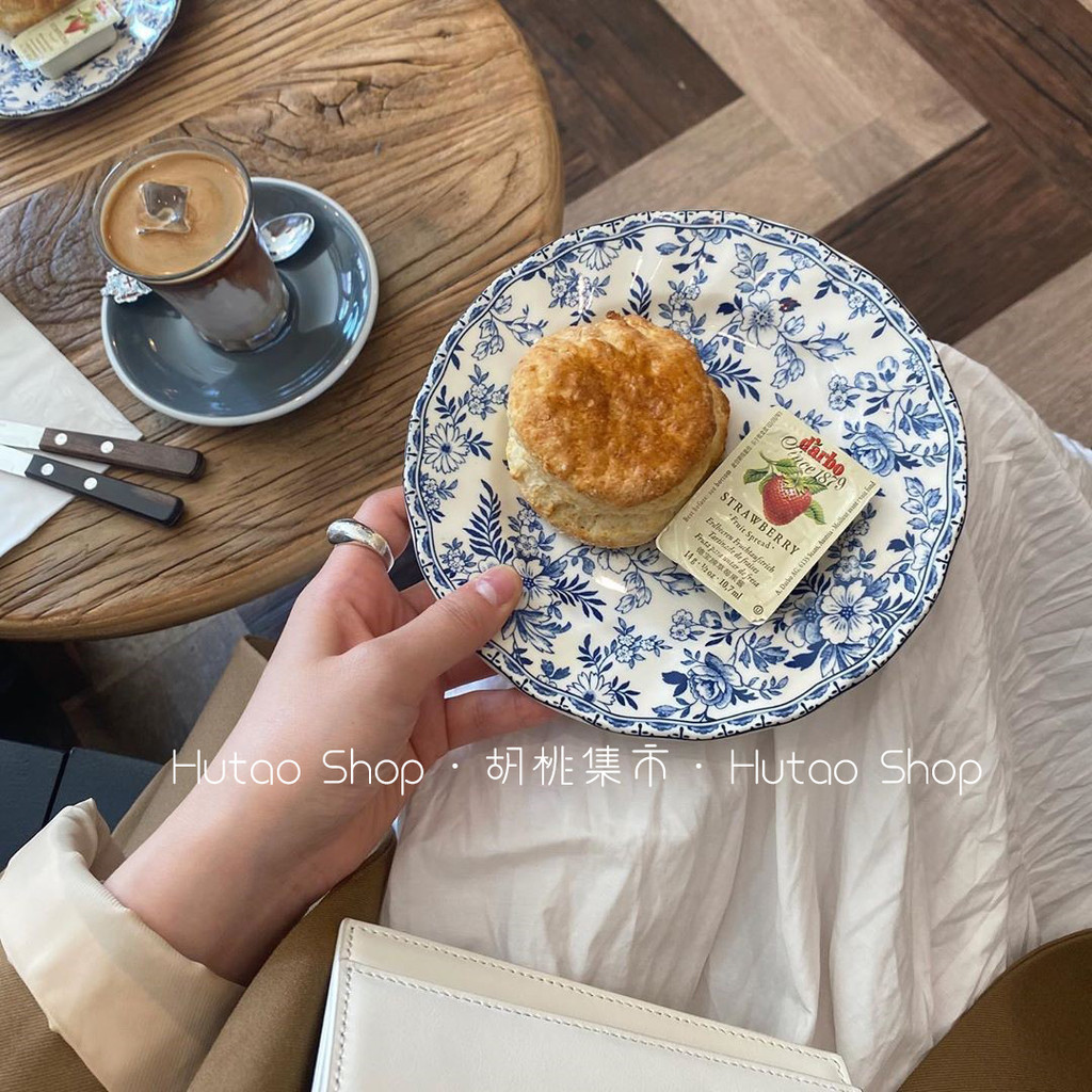 【精美餐具】  英式復古藍色花紋陶瓷盤甜品盤早餐盤水果盤蛋糕盤