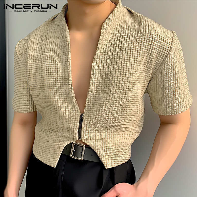 Incerun 男士韓版日常純色短袖時尚拉鍊夾克