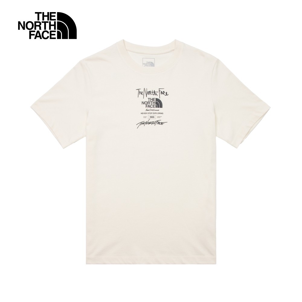 The North Face北面男女款米白色胸前經典品牌LOGO印花休閒短袖T恤｜8AUWQLI
