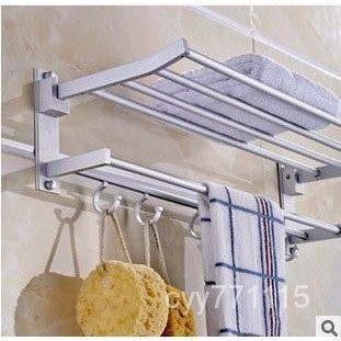 太空鋁毛巾架 雙層摺疊活動浴巾架 浴室帶鉤衛生間置物架 免打孔