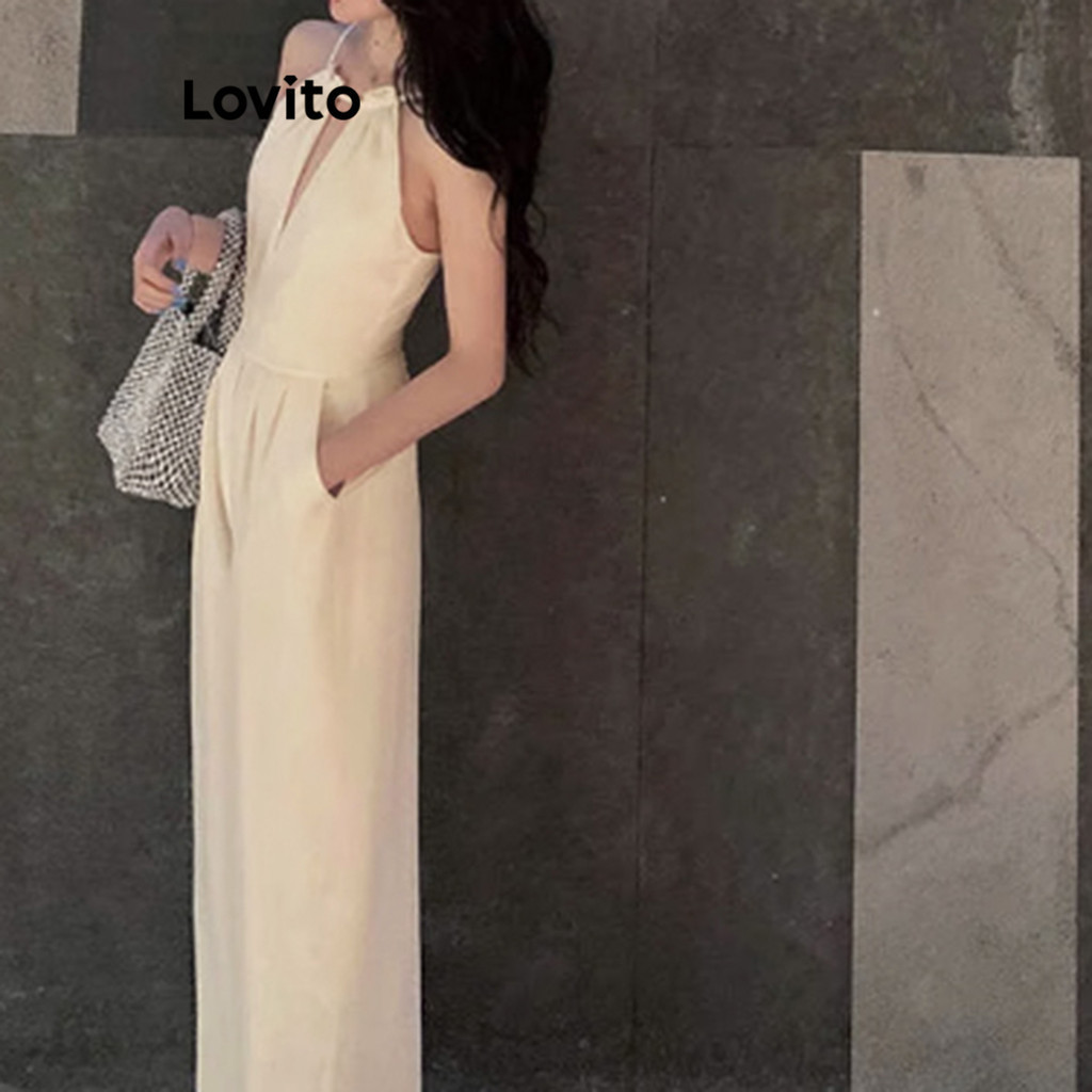 Lovito 女士休閒素色鏤空連身褲 LNE37207 (白色)