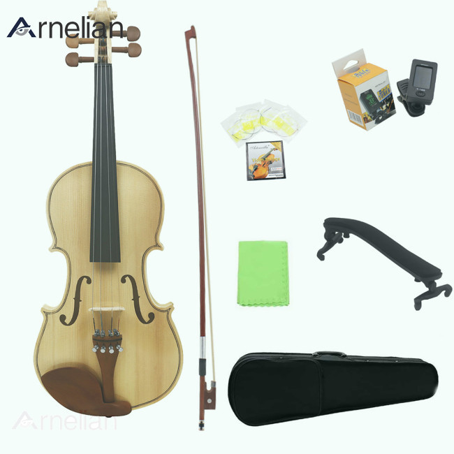 Arnelian 4/4 原聲小提琴套裝初學者小提琴入門套件帶盒肩托弓弦調音器清潔布
