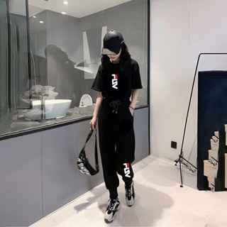 單件/套裝 休閒運動女夏新款黑色大尺碼韓版寬