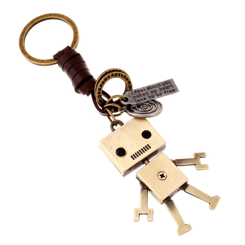 簡約卡通可愛機器人牛皮鑰匙扣個性復古編織鑰匙吊飾創意包包掛飾