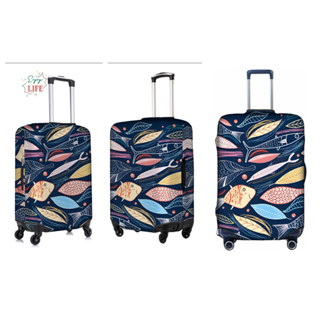 行李蓋彈性行李箱保護套卡通魚印花防塵旅行行李蓋可水洗旅行箱18-32寸旅行拉桿箱