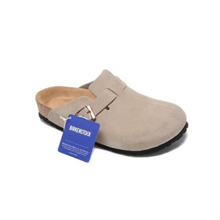 BIRKENSTOCK 【原創】勃肯波士頓男/女經典軟木鞋頭淺灰色麂皮防毛皮拖鞋和涼鞋 34-46。