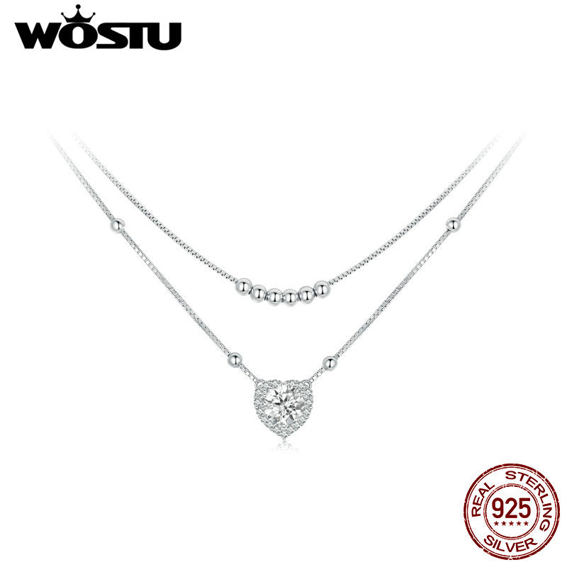 Wostu 雙層 1CT 莫桑石心形項鍊 D 色實驗室鑽石配 GRA 925 純銀珠鍊情人節禮物