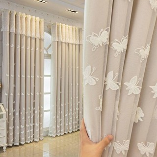 北歐加厚窗簾繡花純色遮光洛帝客廳臥室飄窗布紗一體