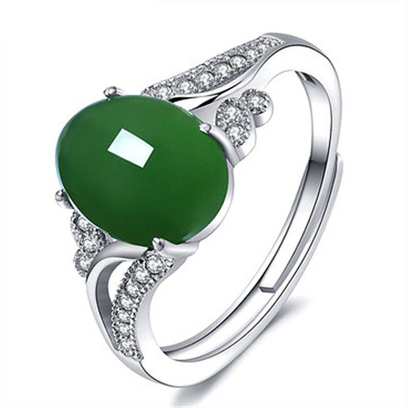 時尚女款戒指 仿和田玉碧玉鍍銀鑲嵌綠寶石開口戒指 環蛋面翡翠綠玉髓色戒指